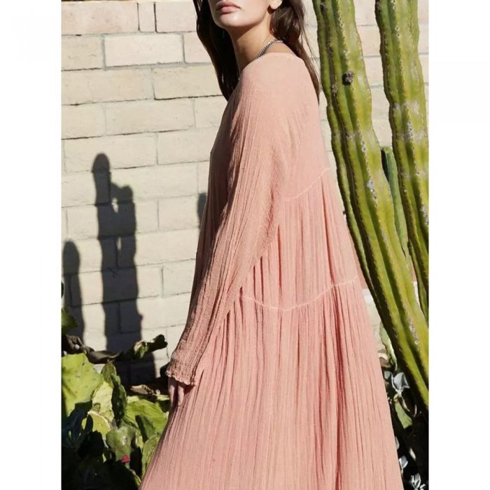 Solid Color Loose Long Sleeve Bohemian Maxi Dress For Women