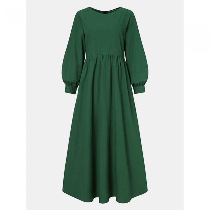 Solid Color Pleated Button A-line Long Sleeve Casual Dress for Women